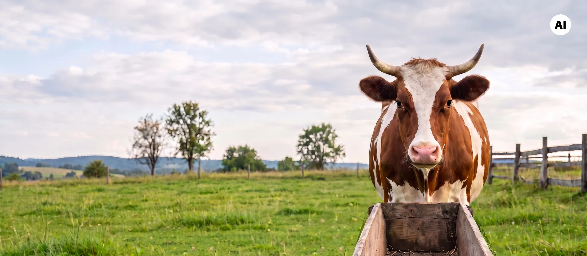 Cow standing in front of an empty feeding trough Ai generated by msg systems ag